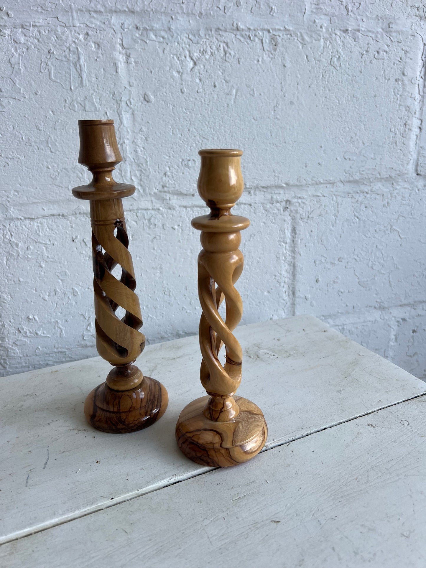 TWO Carved Olive Wood Twisted Candlesticks, Non-Matching Wooden Candle Pair, 9.75" & 9" Candlesticks
