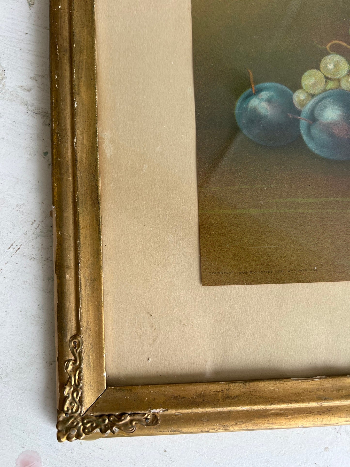 Antique Fruit Still Life Chromolithograph, by James Lee, Vintage Fruit Art, Antique Art, Framed 17.5" x 13.5"
