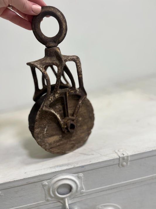 Old Vintage Wooden Pulley with Cast Iron Details, Hay Pulley, Primitive Home Decor, Primitive