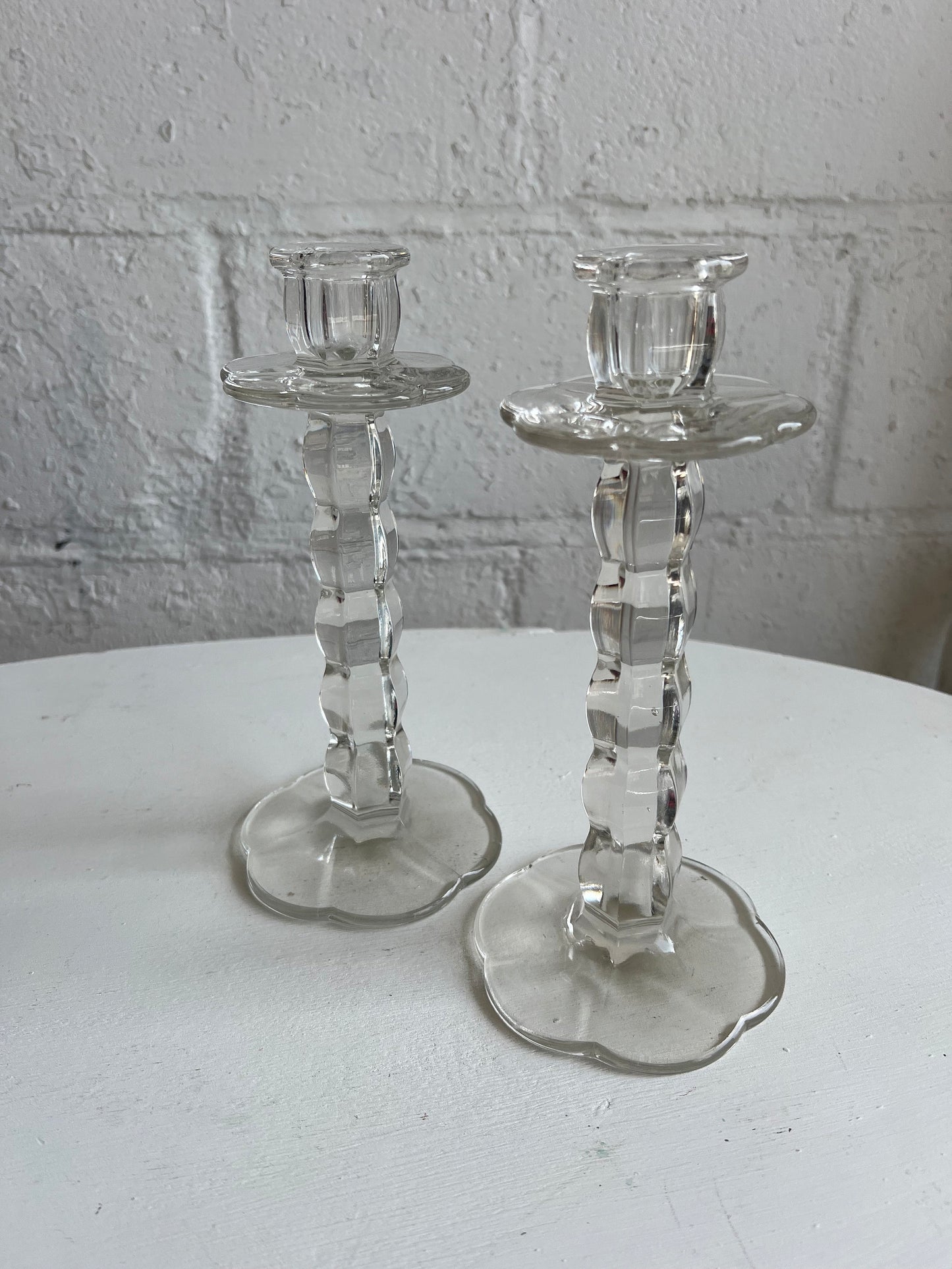 Vintage Glass Candle Holder {PAIR}, 9.5" Tall Flower Shaped Bottom Detail, Heavy