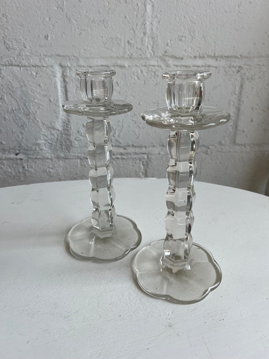 Vintage Glass Candle Holder {PAIR}, 9.5" Tall Flower Shaped Bottom Detail, Heavy