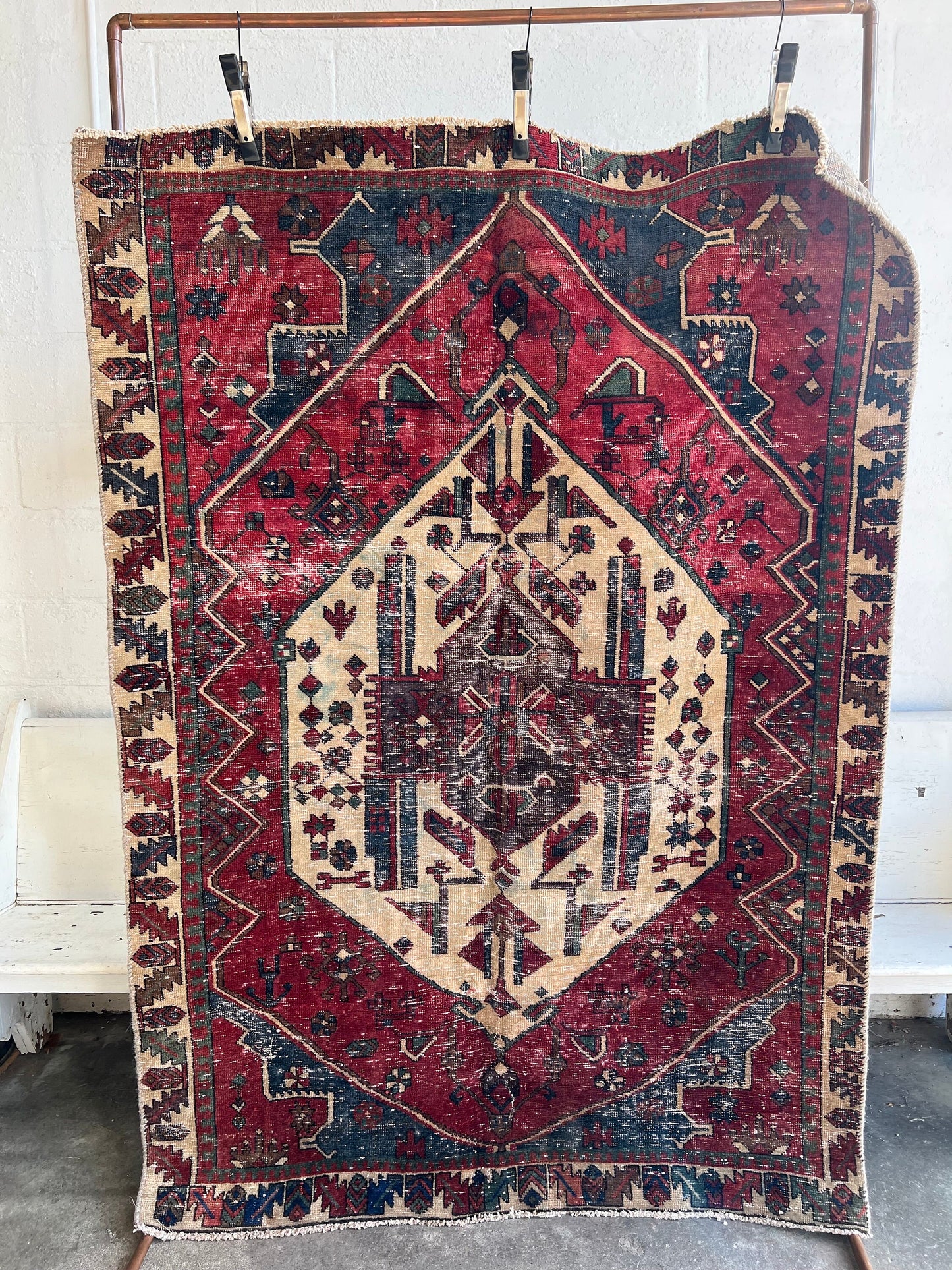 Vintage Oriental Rug 4.10x6.9', Handmade Burgundy, Cream & Blue  Pattern, Oriental rug Runner, Boho Runner, Hallway Rug, Kitchen Rug