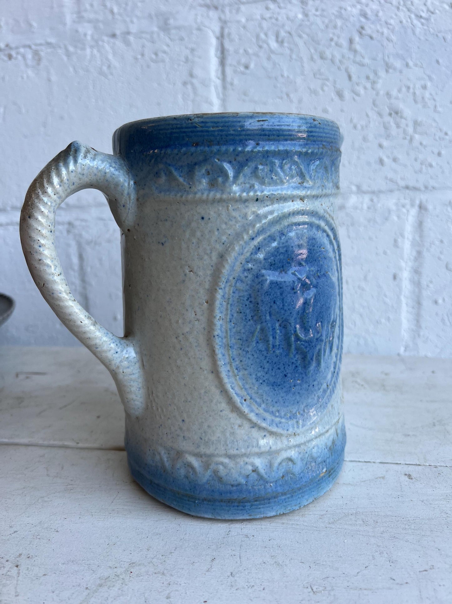 Antique Salt Glaze Stoneware Pitcher, 8" Pitcher Grey & Blue Details with Cows, Old Stoneware Pottery, Antique Stoneware, Farmhouse Decor