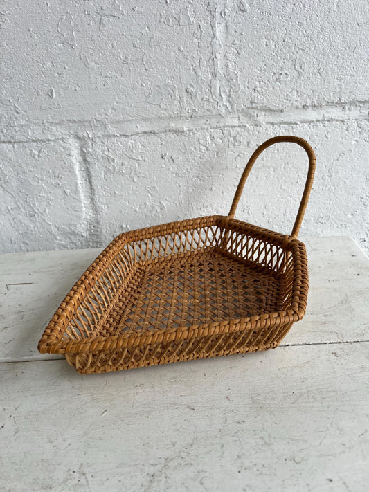 Vintage Woven Wicker Cane Basket, Unique Style Wicker Woven Boat Decor, Neutral Home Decor, 10.5" Basket