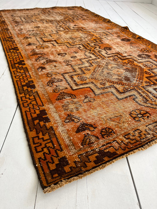 Vintage Oriental Rug 4'x7.4', Handmade, Dominant Orange Geometric Rug Pattern, Oriental rug Runner, Boho Runner, Hallway Rug, Kitchen Rug