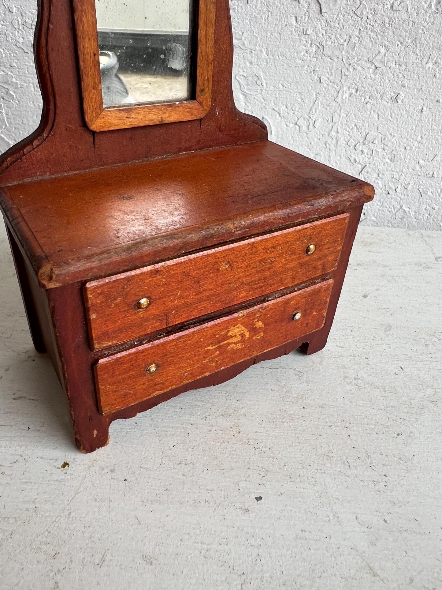 Vintage Dollhouse Wooden Furniture, Wooden Dresser with Mirror, Miniature Furniture, 5.75" Tall