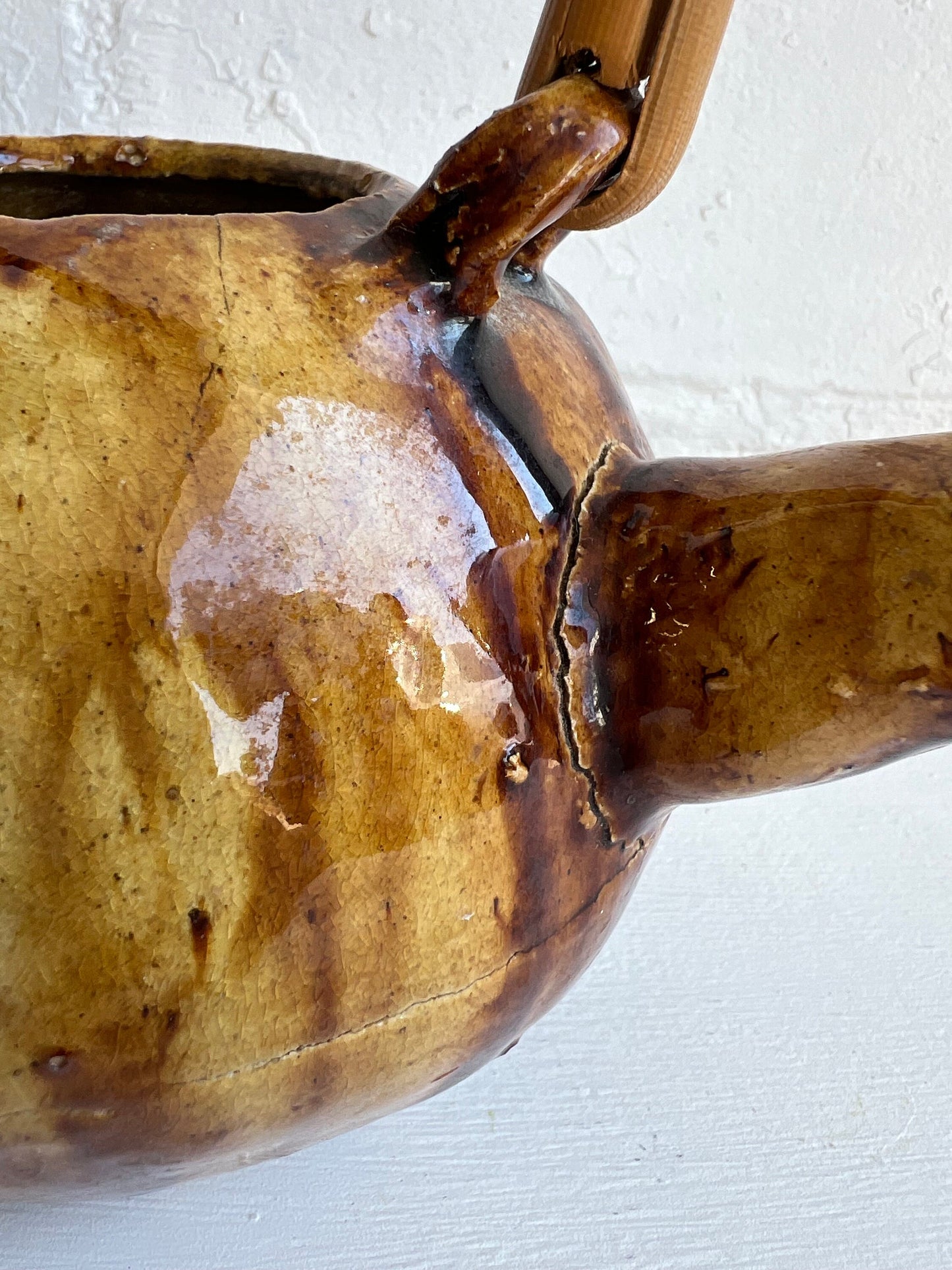 Vintage Pottery Teapot with Brown Glaze & Bamboo Handle