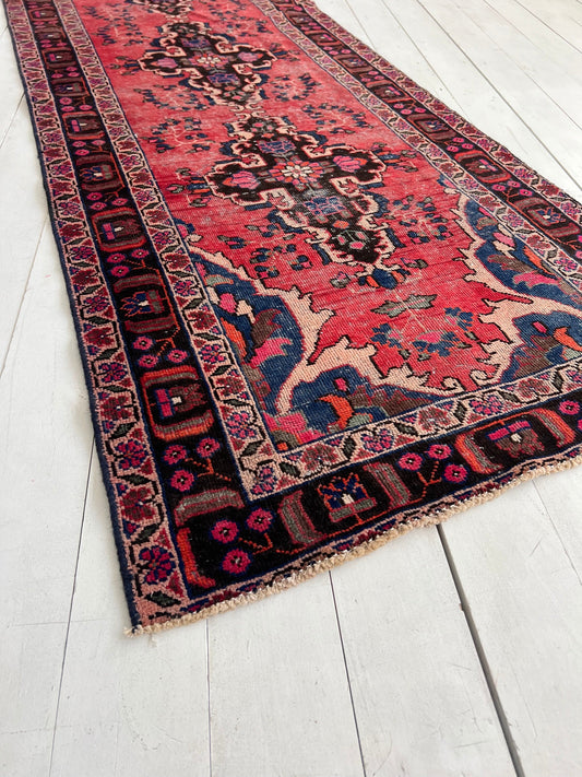 Vintage Oriental Rug 3.4x10 Handmade Pink, Blue, Orange & Black Oriental rug Runner, Boho Runner, Hallway Rug, Kitchen Rug
