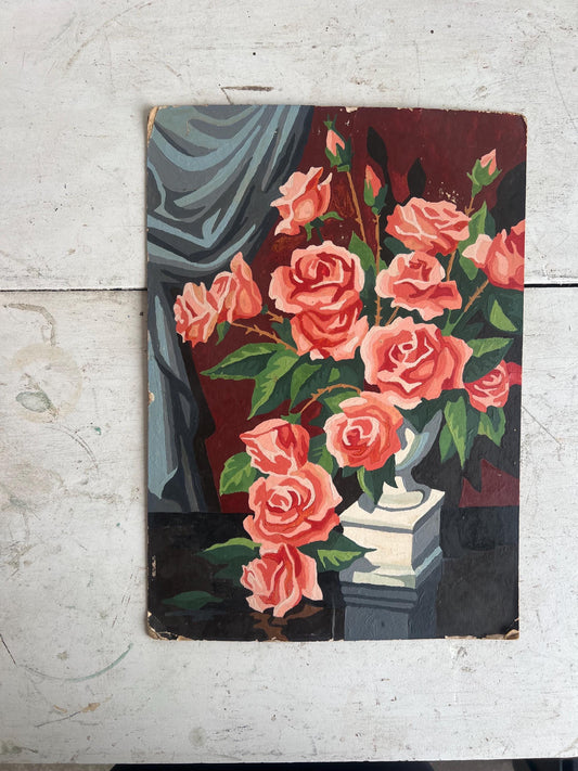 Vintage Paint-by-Number Pink Rose Floral Painting, 10"x14" Unframed, Floral Paint-by-Number, Vintage Painting, Floral Art