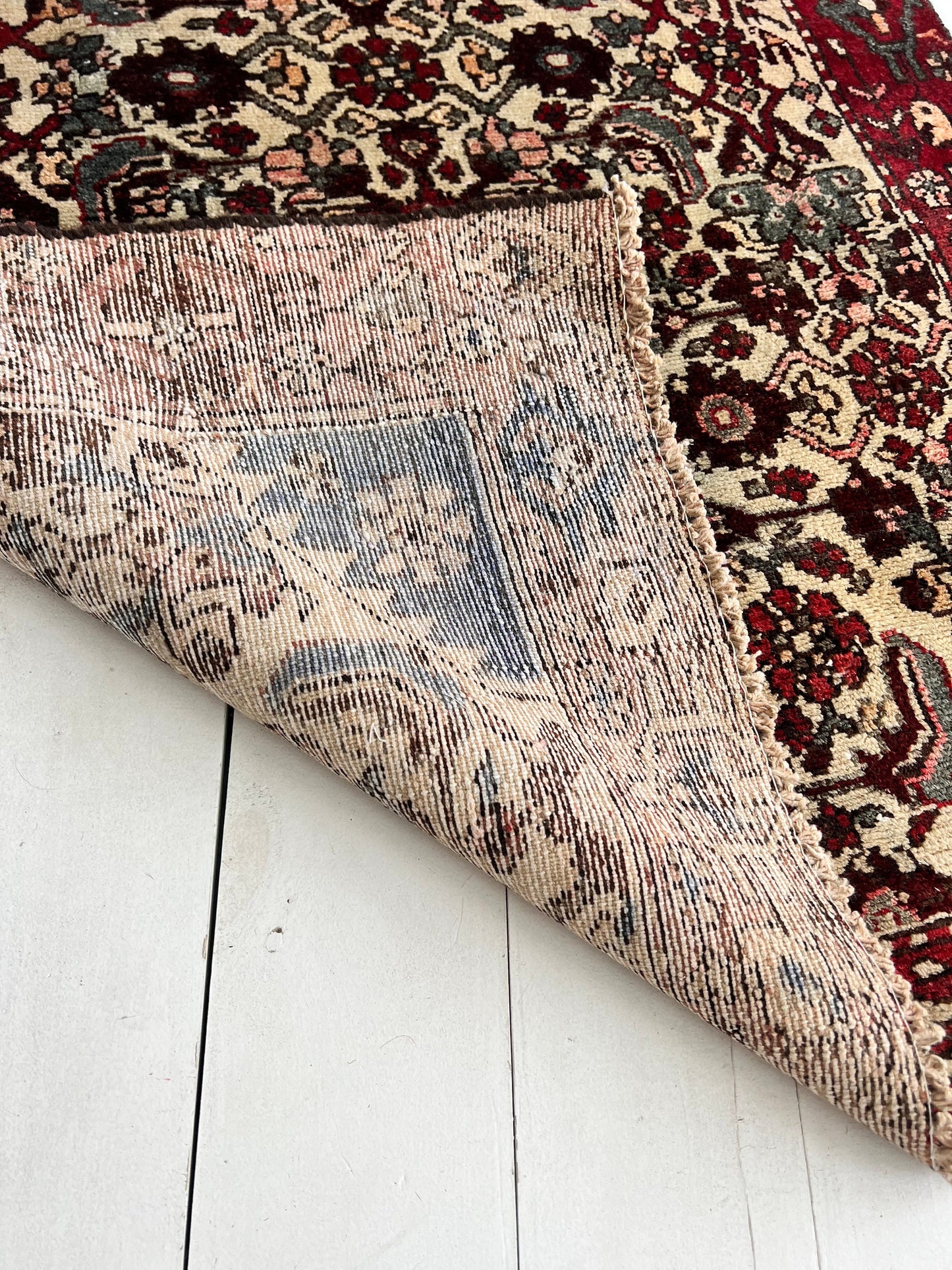 Vintage Oriental Rug 3.7'x9', Handmade, Burgundy, Blue Rug Pattern, Oriental rug Runner, Boho Runner, Hallway Rug, Kitchen Rug