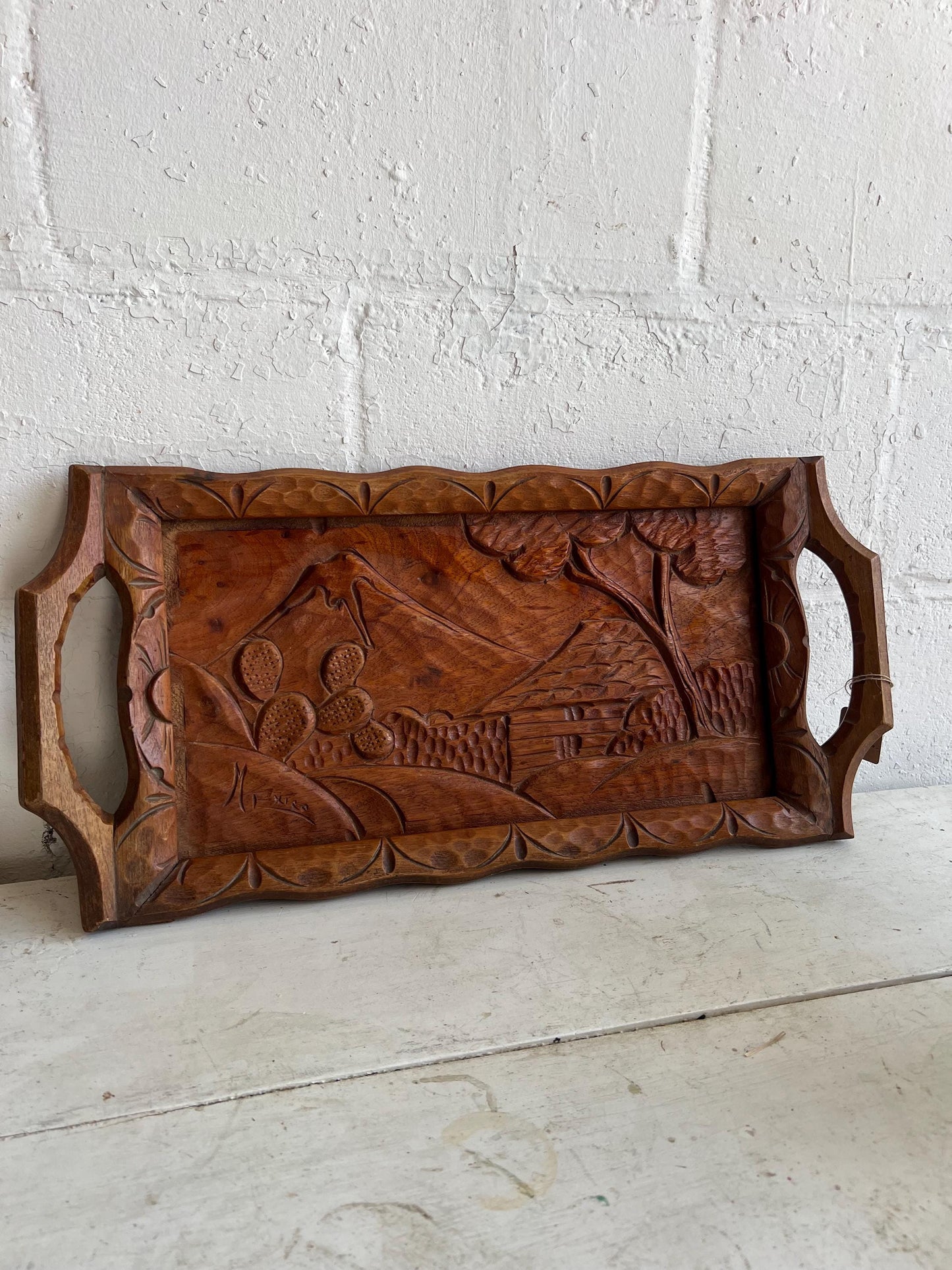 Vintage Hand Carved Wood Serving Tray, Vintage Cactus Tray, MCM Serving Tray