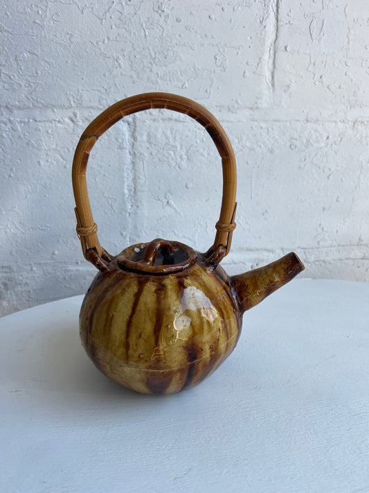 Vintage Pottery Teapot with Brown Glaze & Bamboo Handle