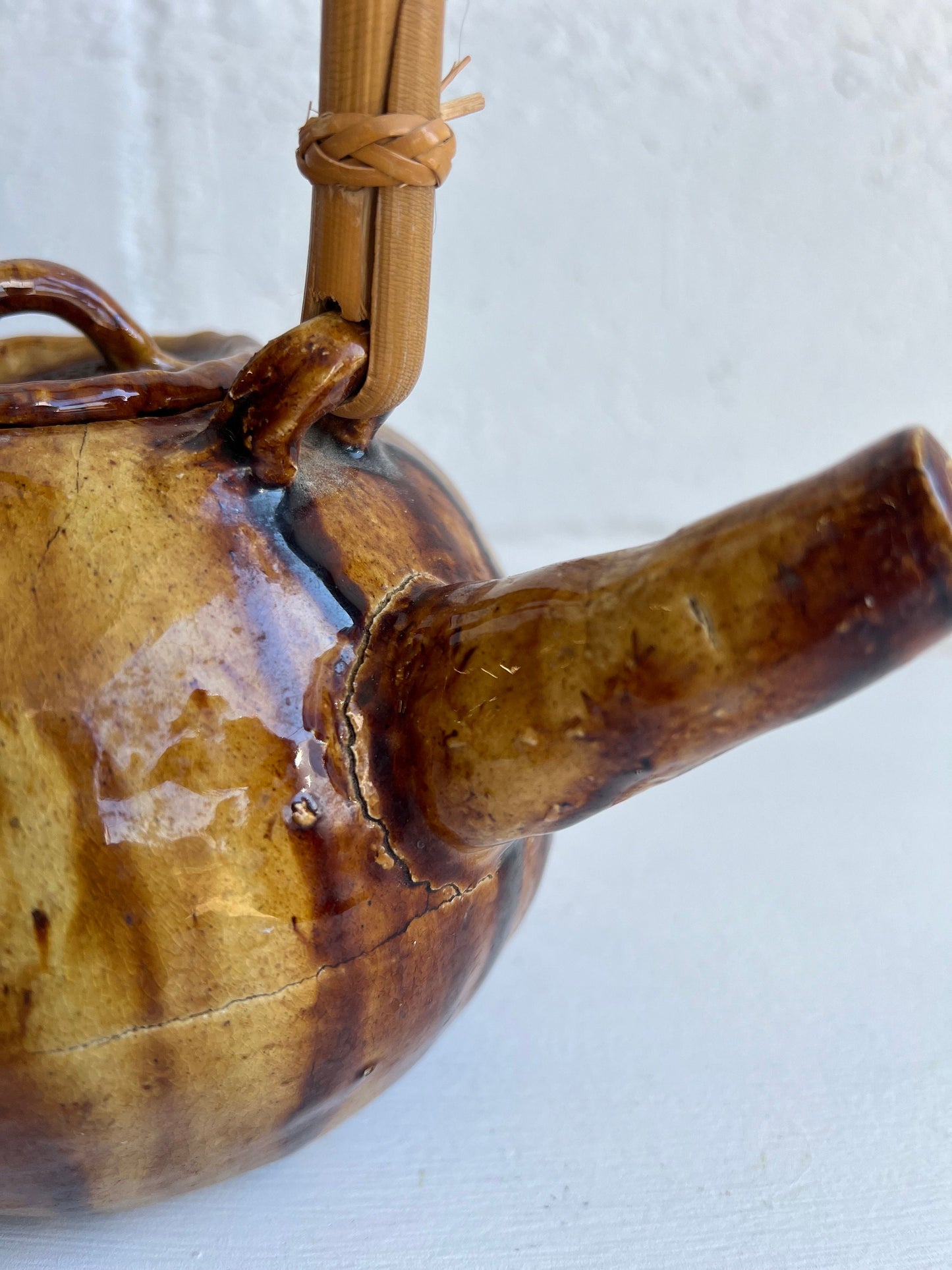 Vintage Pottery Teapot with Brown Glaze & Bamboo Handle