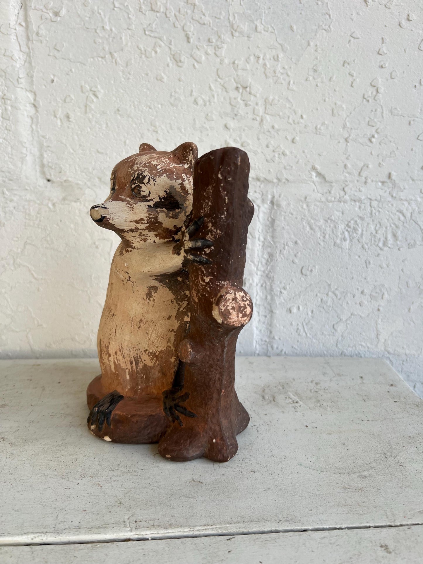 Vintage Worn Ceramic Raccoon Figurine with Log | Distressed Figurine with Very Worn Paint, Vintage Animal Figurine, Vintage Boys Room