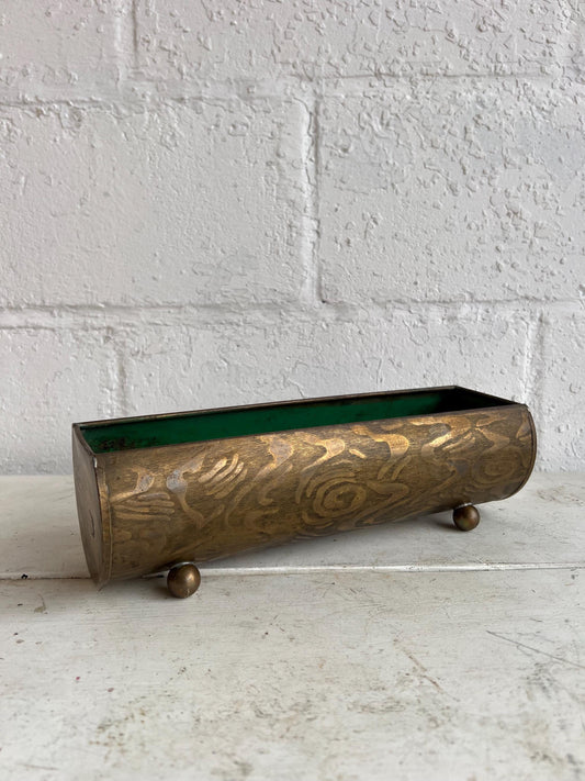 Vintage Brass Planter with Wood Grain Detail 12" Long, Vintage Brass Decor, Vintage Decor, Brass, Patina, Old Planter, Unique Vintage Brass