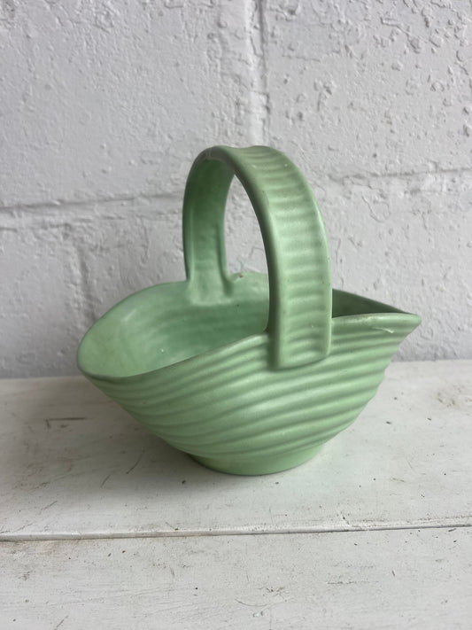 Vintage Matte Green Ceramic Basket | 8" tall aqua, seafoam green basket, ceramic decorative basket, tea green ceramic, vintage basket