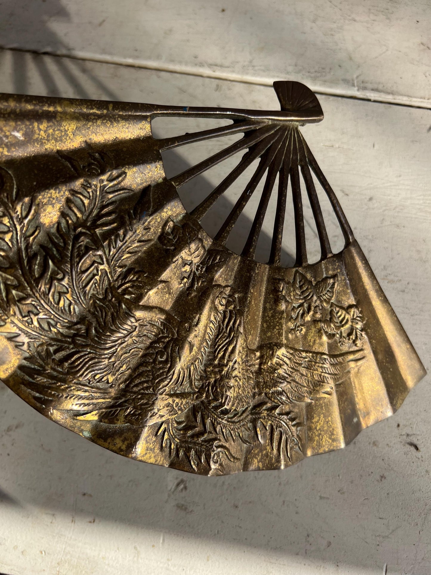 Vintage Brass Asian Fan, Brass Wall Art, Phoenix Rising Detail, Vintage Brass Animal, Brass Patina Wall Art
