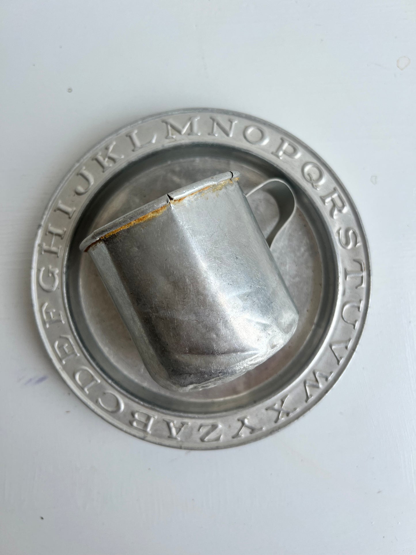 Vintage Aluminum Baby Alphabet Plate & Cup 6” | Vintage Baby, Vintage Nursery, Vintage Alphabet Dish