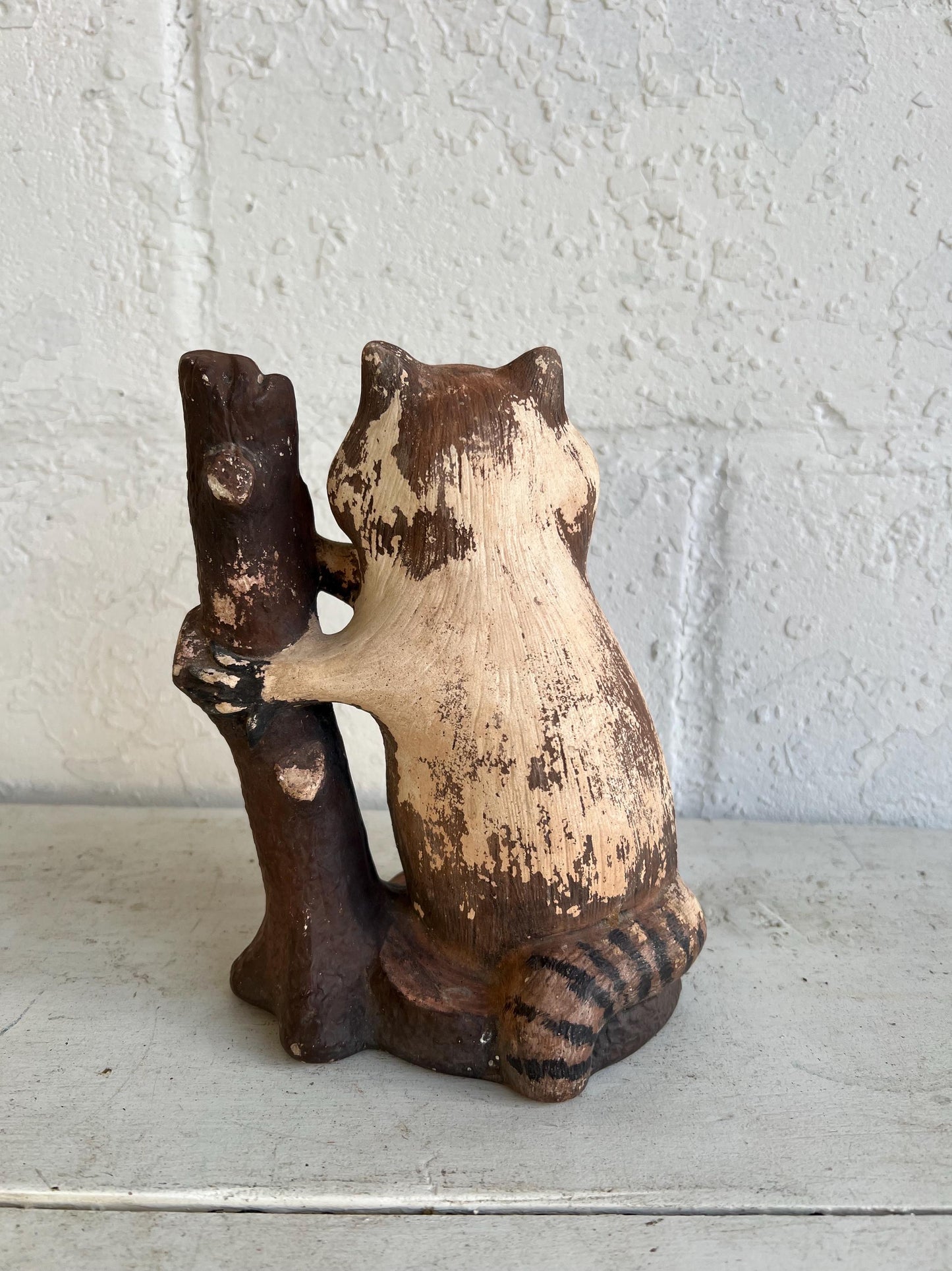 Vintage Worn Ceramic Raccoon Figurine with Log | Distressed Figurine with Very Worn Paint, Vintage Animal Figurine, Vintage Boys Room