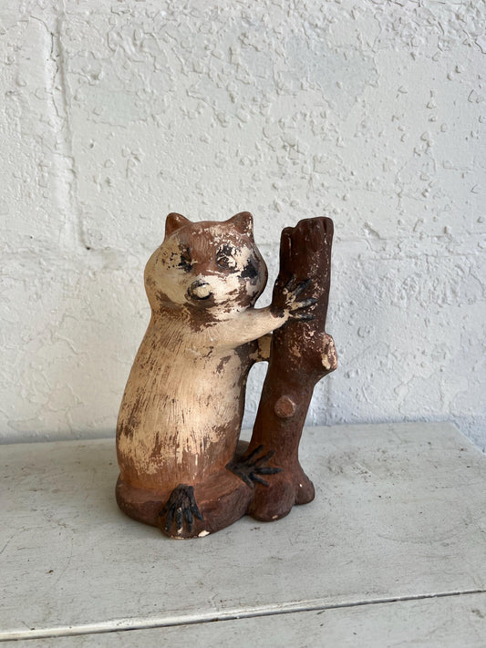 Vintage Worn Ceramic Raccoon Figurine with Log | Distressed Figurine with Very Worn Paint, Vintage Animal Figurine, Vintage Boys Room