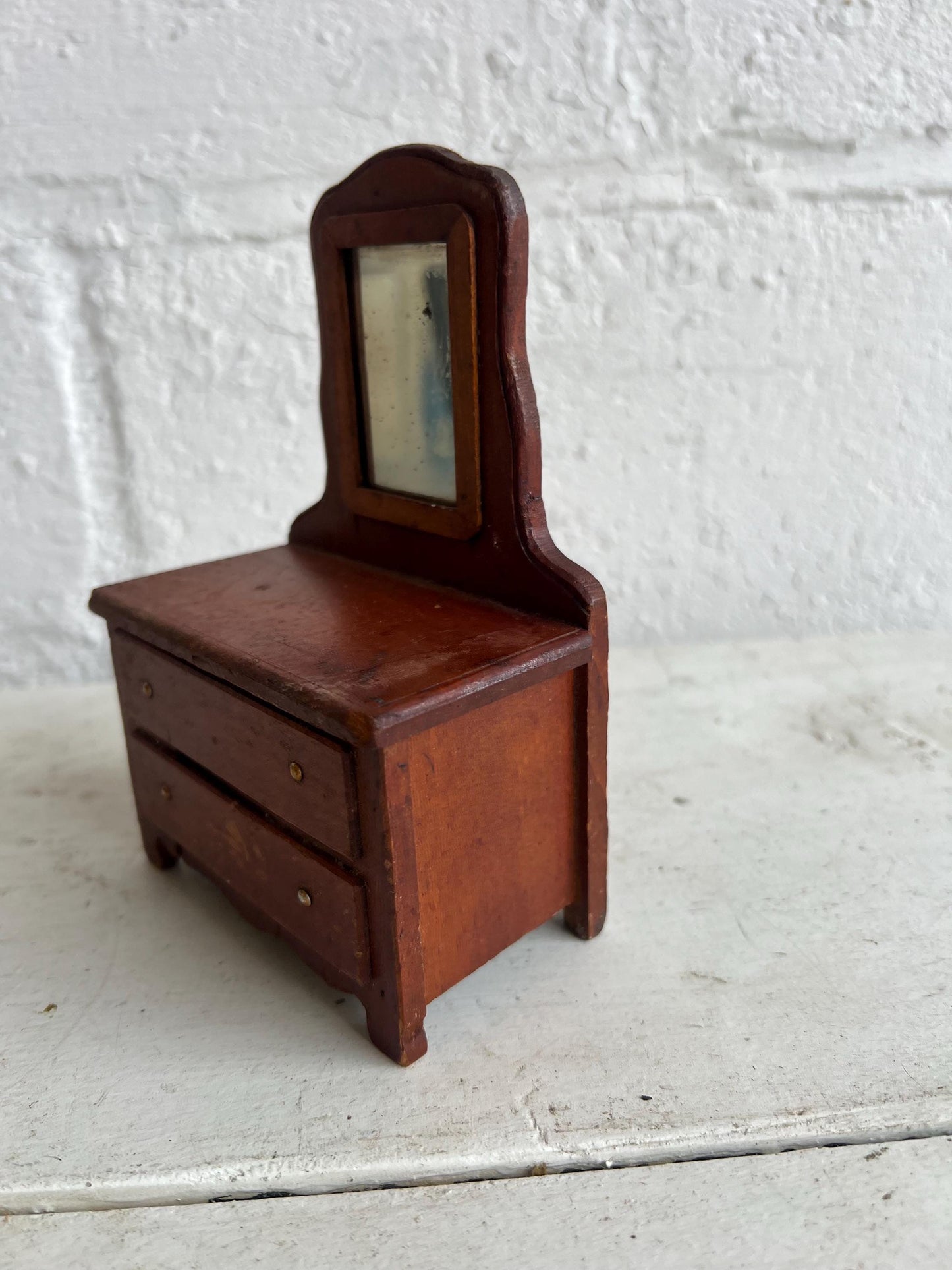 Vintage Dollhouse Wooden Furniture, Wooden Dresser with Mirror, Miniature Furniture, 5.75" Tall