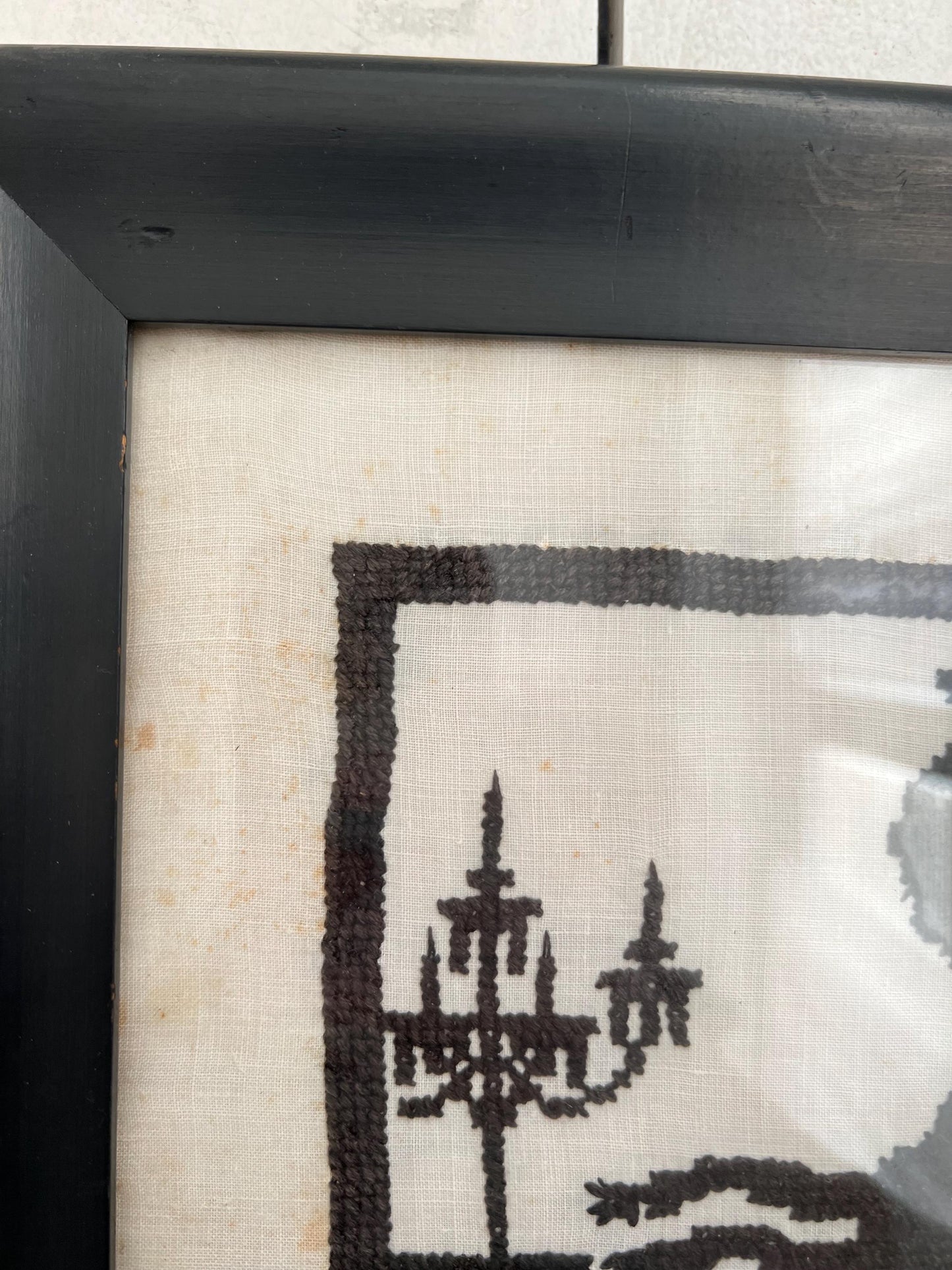 Vintage Hand-Stitched Silhouette Girl + Piano | 11" Antique Cross Stitched, Needlepoint Silhouette, Needlework Vintage, Primitive Needlework