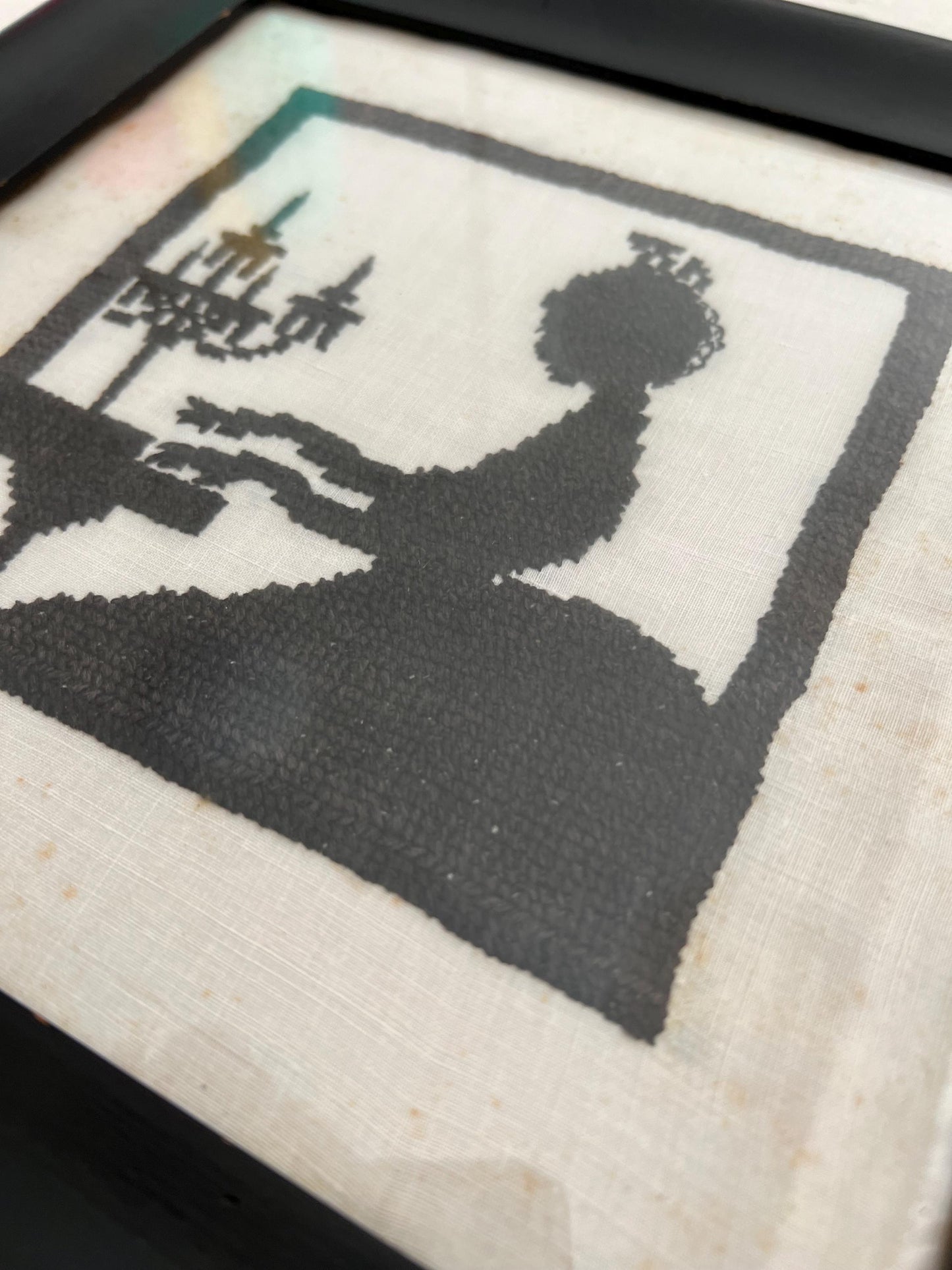 Vintage Hand-Stitched Silhouette Girl + Piano | 11" Antique Cross Stitched, Needlepoint Silhouette, Needlework Vintage, Primitive Needlework