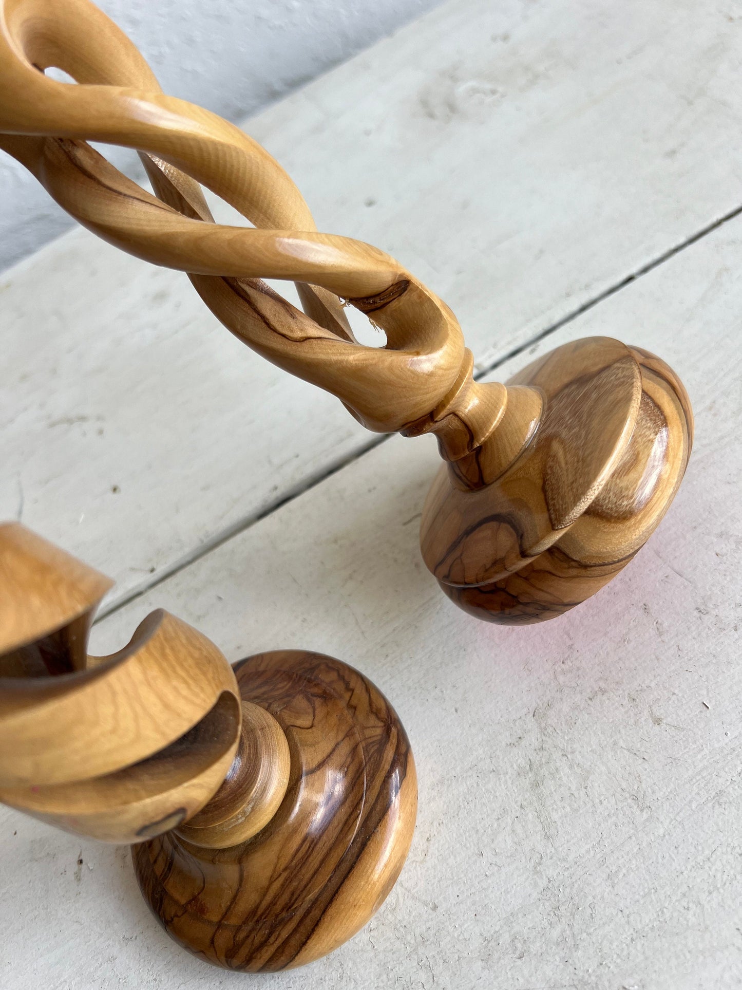 TWO Carved Olive Wood Twisted Candlesticks, Non-Matching Wooden Candle Pair, 9.75" & 9" Candlesticks