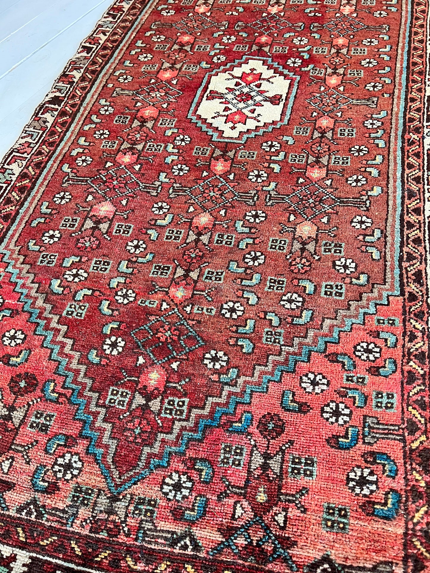 Vintage Oriental Rug 6'4" x 3', Handmade, Burgundy, Blue Rug Pattern, Oriental rug Runner, Boho Runner, Hallway Rug, Kitchen Rug