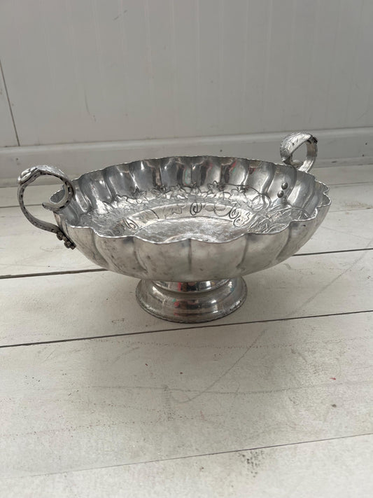 Vintage Aluminum Embossed Bowl & Pedestal with Handles | 11" Round Vintage Compote, Vintage Decorative Bowl, Vintage Kitchenware, Aluminum