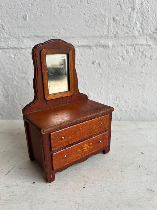 Vintage Dollhouse Wooden Furniture, Wooden Dresser with Mirror, Miniature Furniture, 5.75" Tall