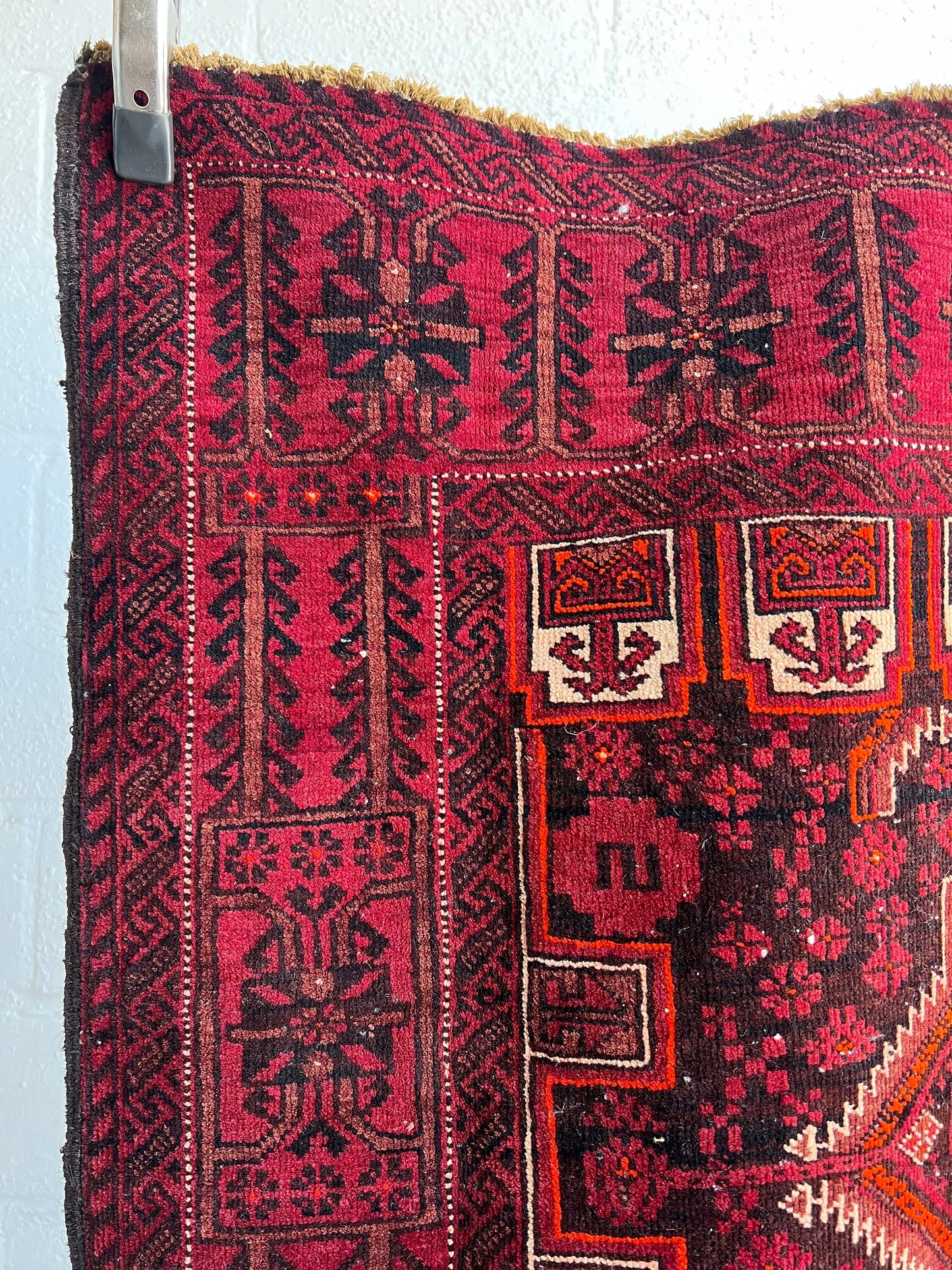 Vintage Oriental Runner Rug: Handmade Red & Black Geometric Hallway Rug (3.2’x6.2')