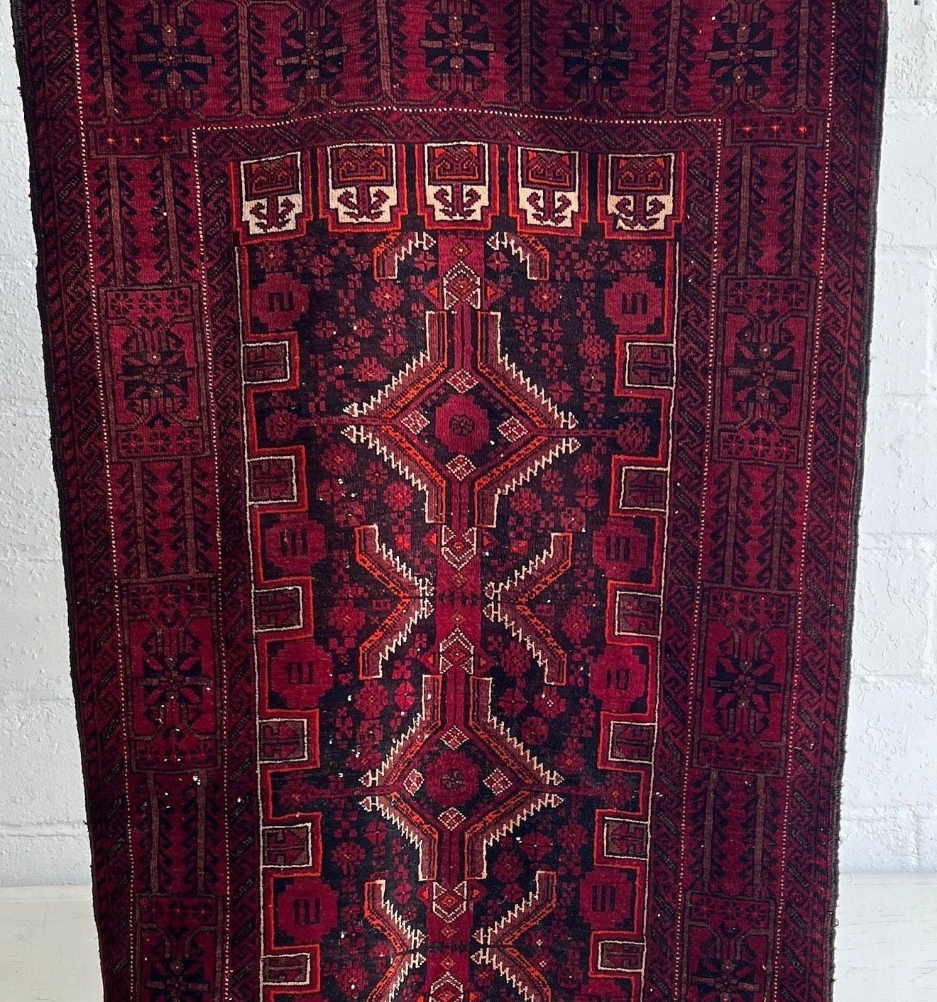 Vintage Oriental Runner Rug: Handmade Red & Black Geometric Hallway Rug (3.2’x6.2')
