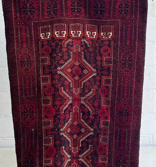 Vintage Oriental Runner Rug: Handmade Red & Black Geometric Hallway Rug (3.2’x6.2')