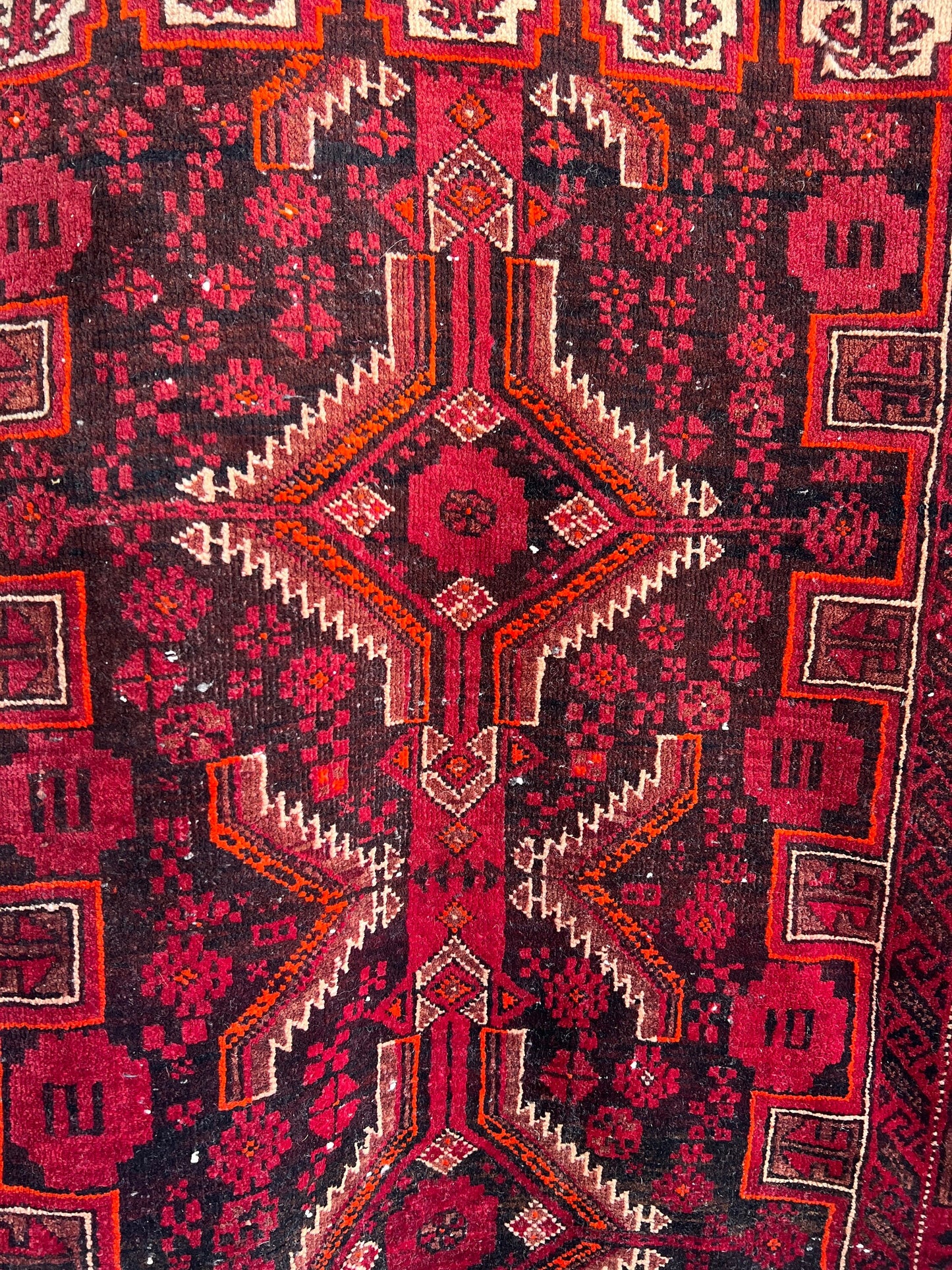 Vintage Oriental Runner Rug: Handmade Red & Black Geometric Hallway Rug (3.2’x6.2')