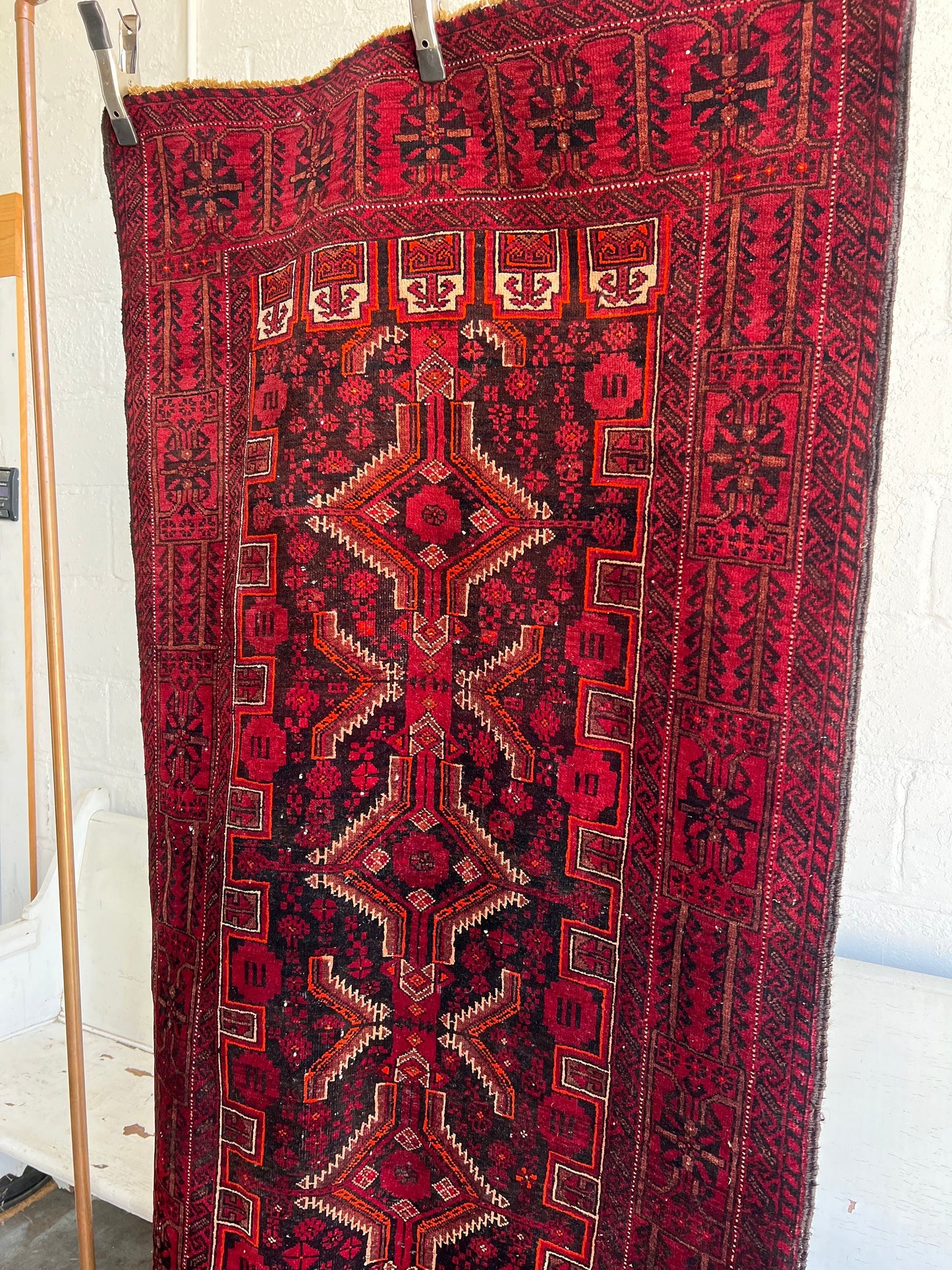 Vintage Oriental Runner Rug: Handmade Red & Black Geometric Hallway Rug (3.2’x6.2')
