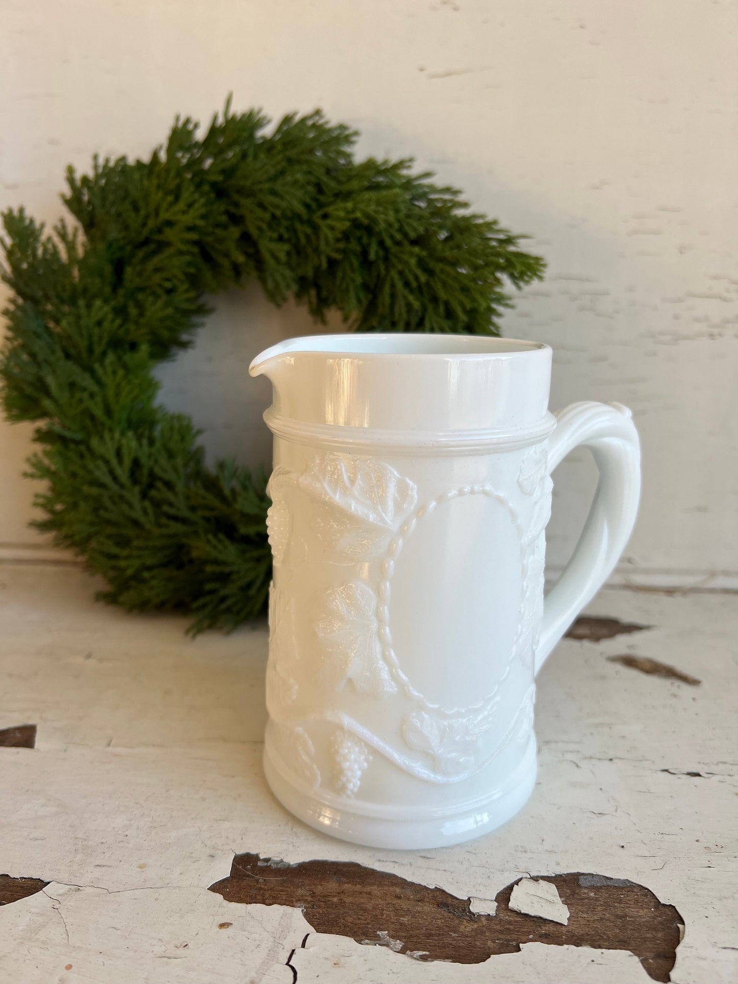 Vintage Milk Glass Small Creamer Pitcher, Grapes & Leaves Vintage Pattern