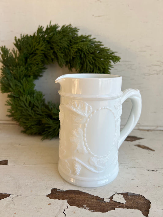 Vintage Milk Glass Small Creamer Pitcher, Grapes & Leaves Vintage Pattern