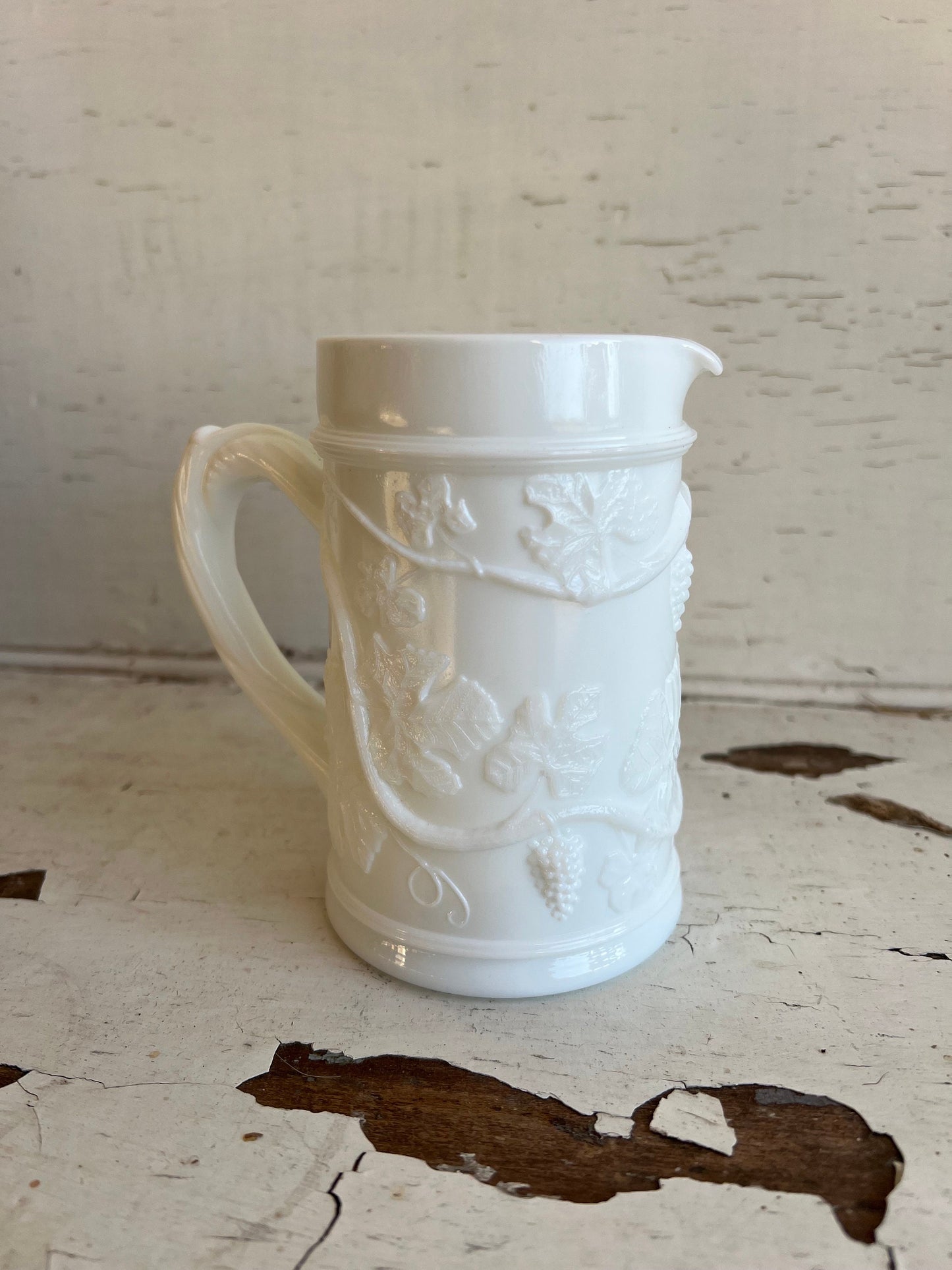 Vintage Milk Glass Small Creamer Pitcher, Grapes & Leaves Vintage Pattern
