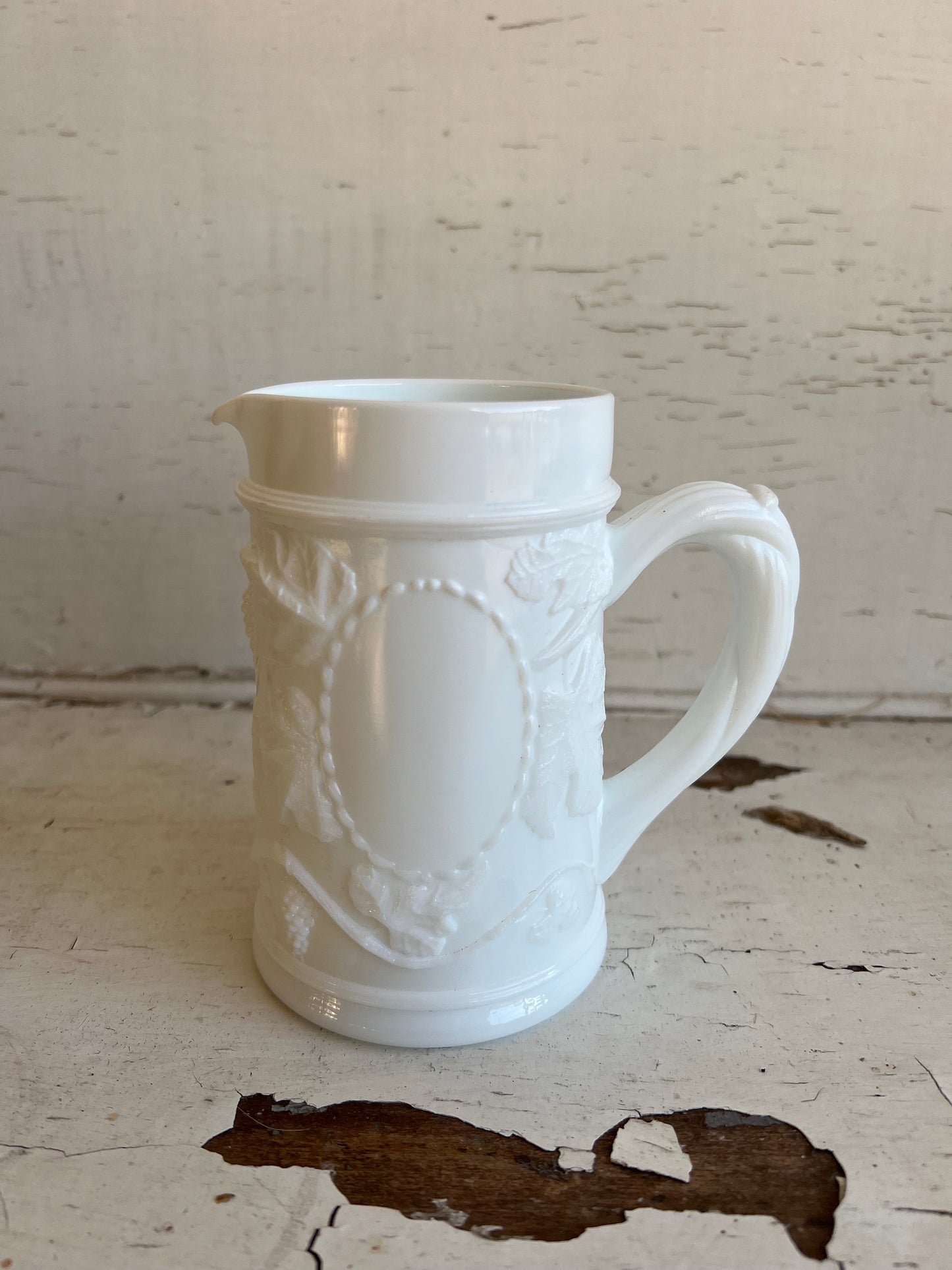 Vintage Milk Glass Small Creamer Pitcher, Grapes & Leaves Vintage Pattern