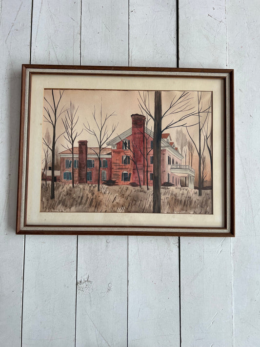 Vintage Framed Watercolor Painting: Brick House Portrait Art (22.75x18)