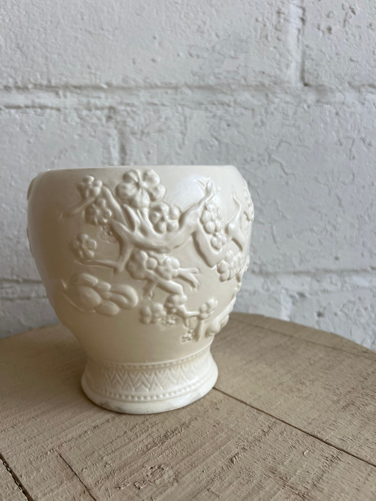 Vintage White Ginger Jar | Heirloom Mold with No Lid | Branch & Floral Pattern