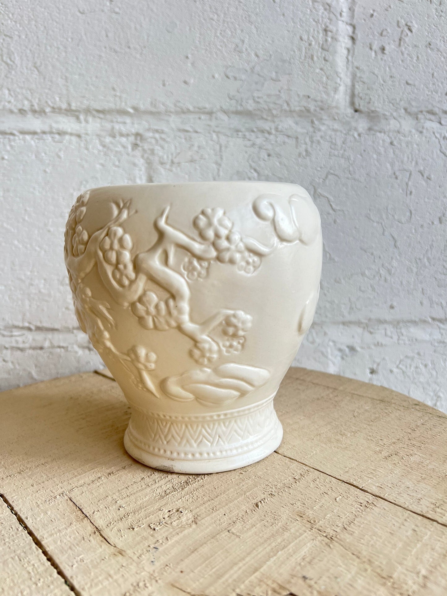 Vintage White Ginger Jar | Heirloom Mold with No Lid | Branch & Floral Pattern