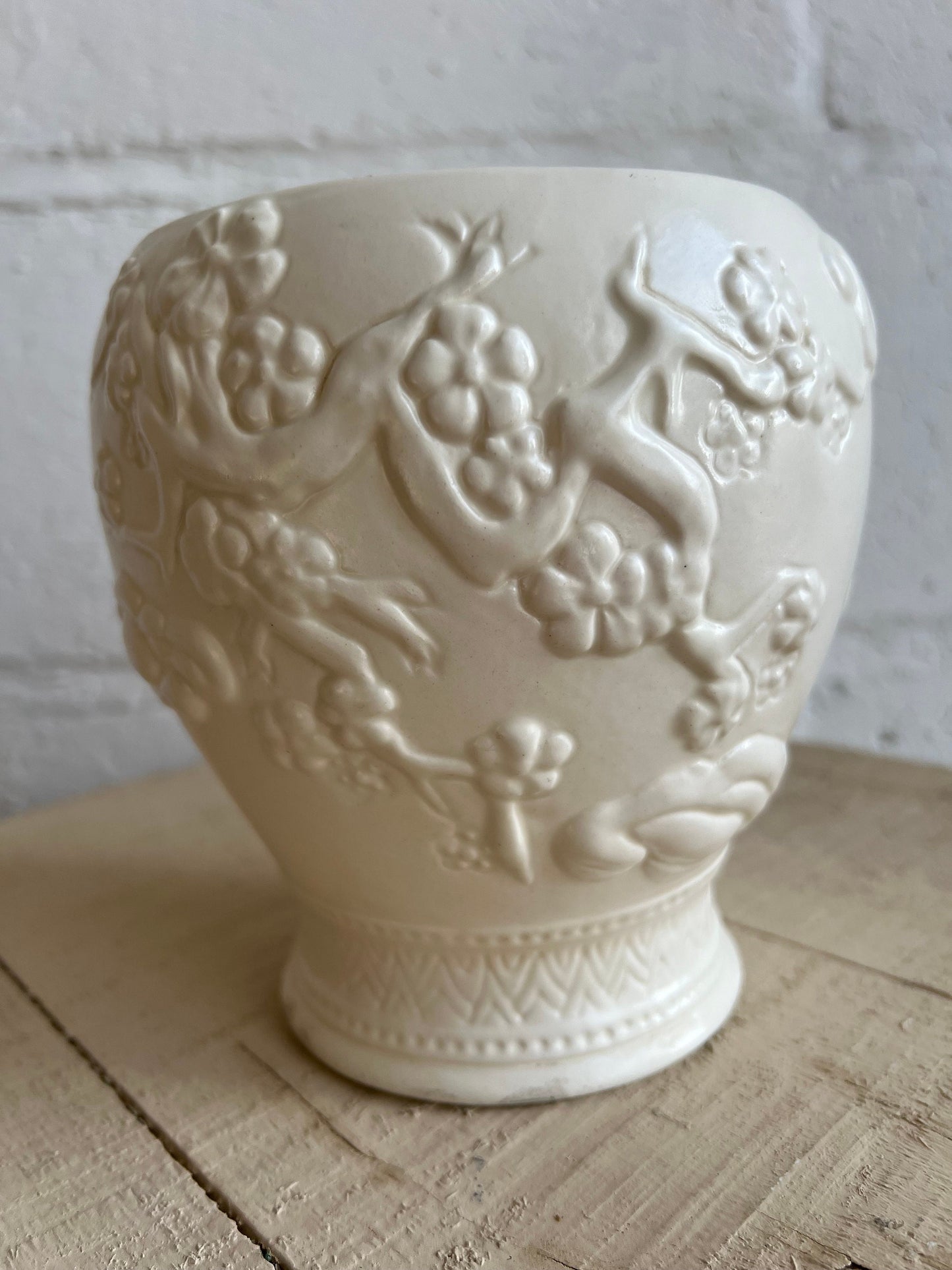 Vintage White Ginger Jar | Heirloom Mold with No Lid | Branch & Floral Pattern