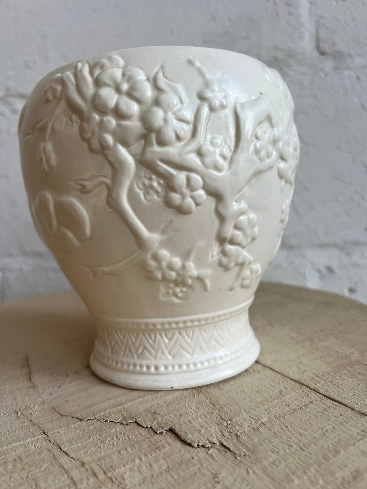 Vintage White Ginger Jar | Heirloom Mold with No Lid | Branch & Floral Pattern
