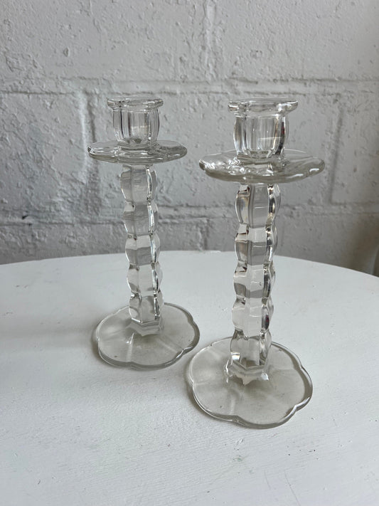 Vintage Glass Candle Holder {PAIR}, 9.5" Tall Flower Shaped Bottom Detail, Heavy