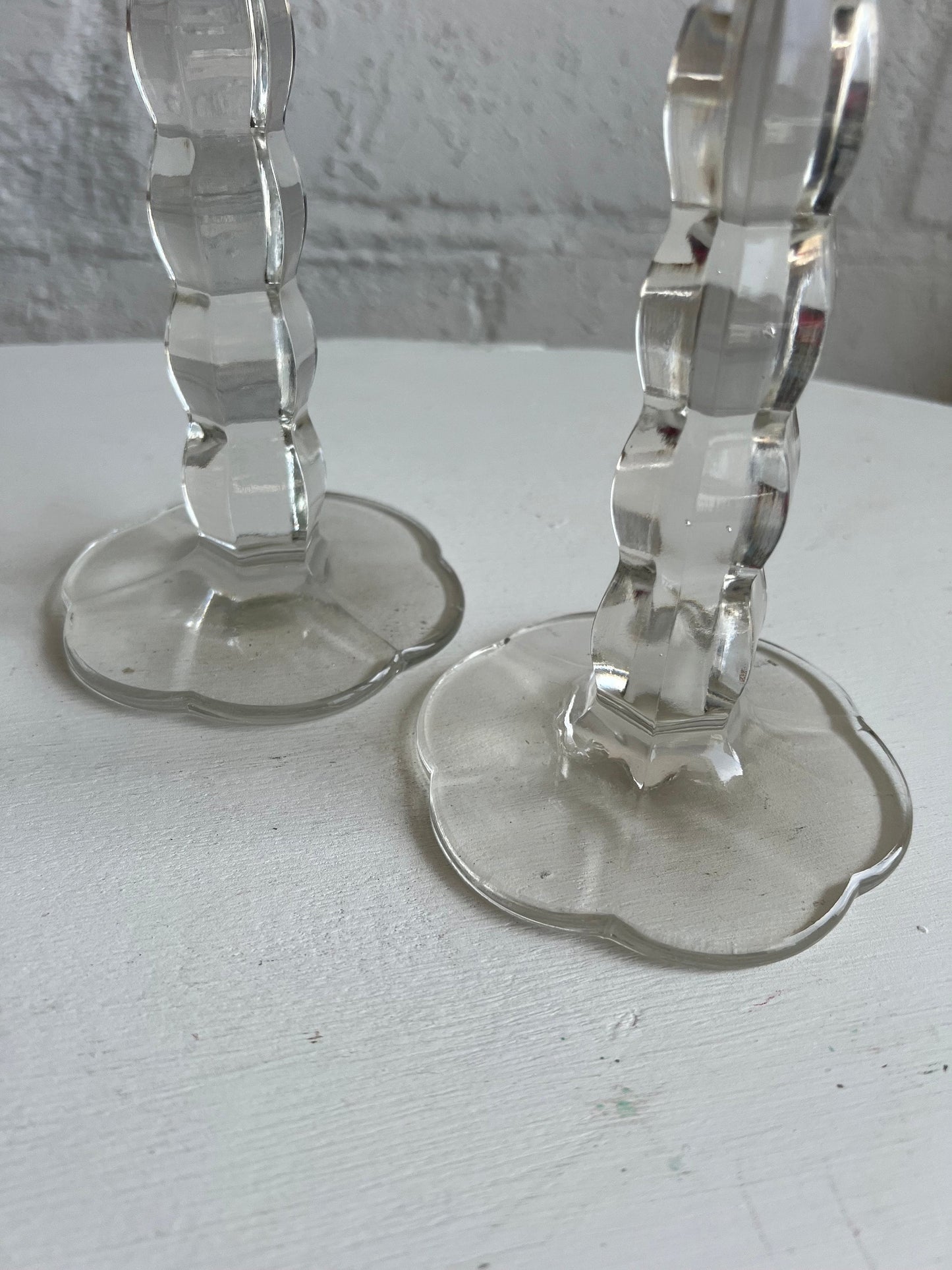 Vintage Glass Candle Holder {PAIR}, 9.5" Tall Flower Shaped Bottom Detail, Heavy