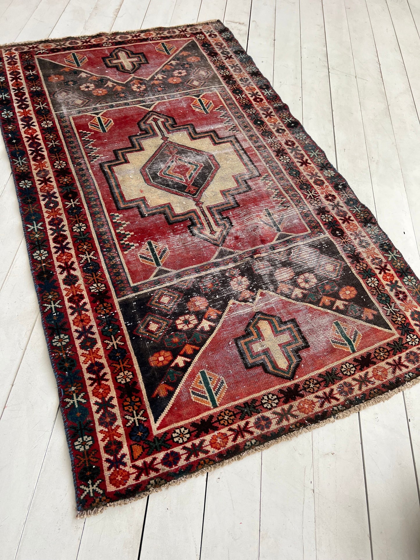 Vintage Oriental Runner Rug: Red, Orange & Brown Boho Hallway Rug (4.2'x6.10)