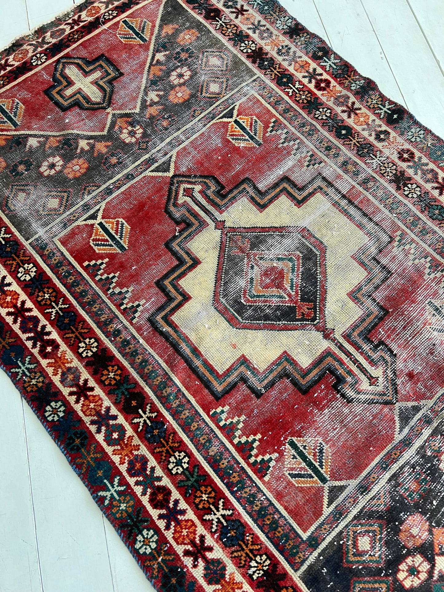 Vintage Oriental Runner Rug: Red, Orange & Brown Boho Hallway Rug (4.2'x6.10)