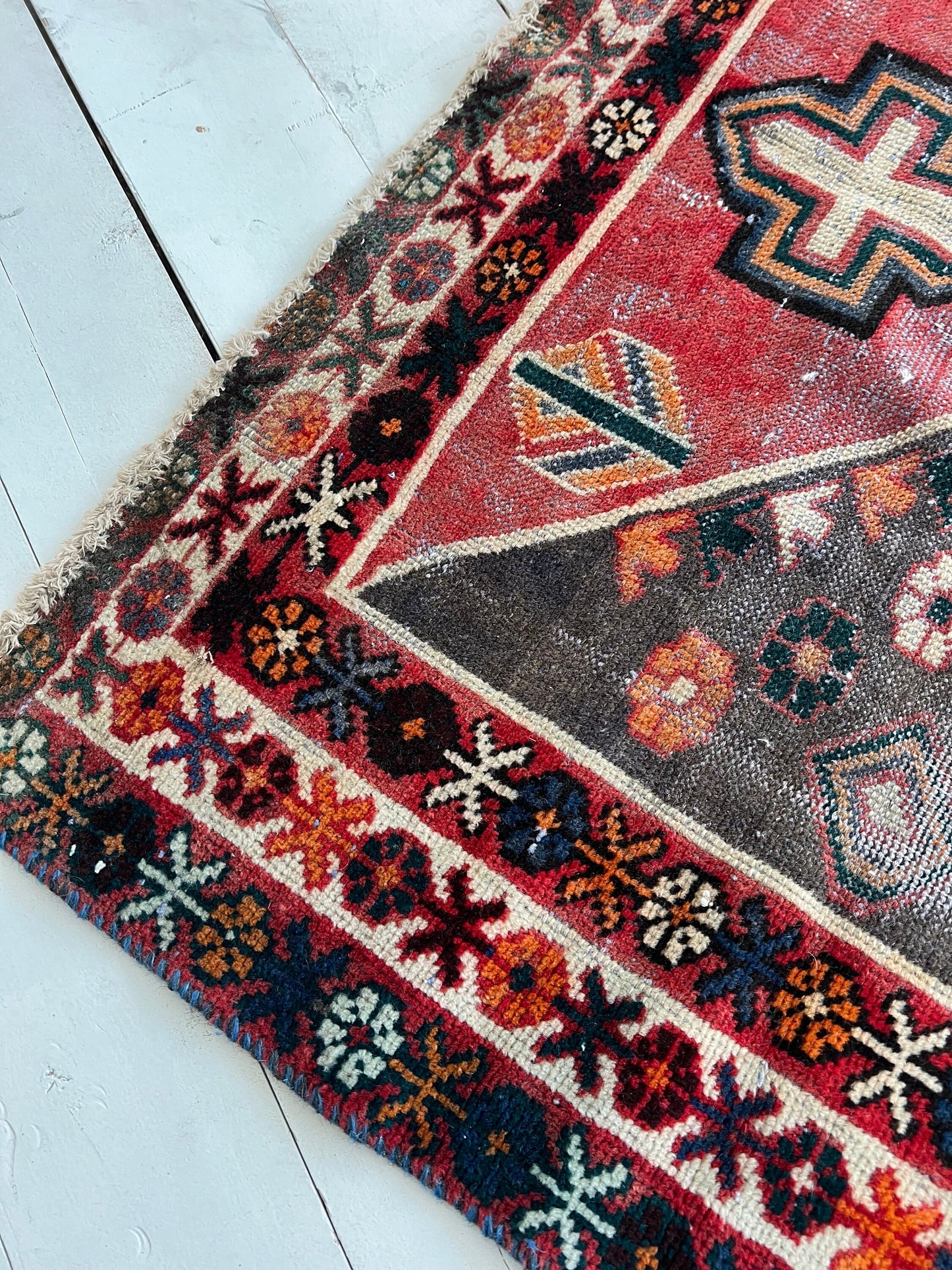 Vintage Oriental Runner Rug: Red, Orange & Brown Boho Hallway Rug (4.2'x6.10)